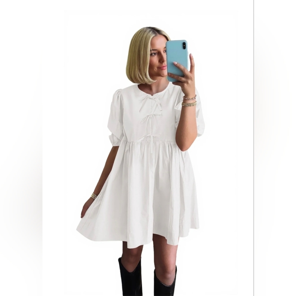 PRETTYGARDEN Women's White Bow Front Mini Dress With Puff Sleeves Small